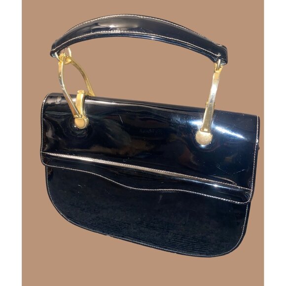 RR Handbags - Black Patent Leather Handbag Vintage Gold Accents 9x7 Inches Retro Purse for Wom